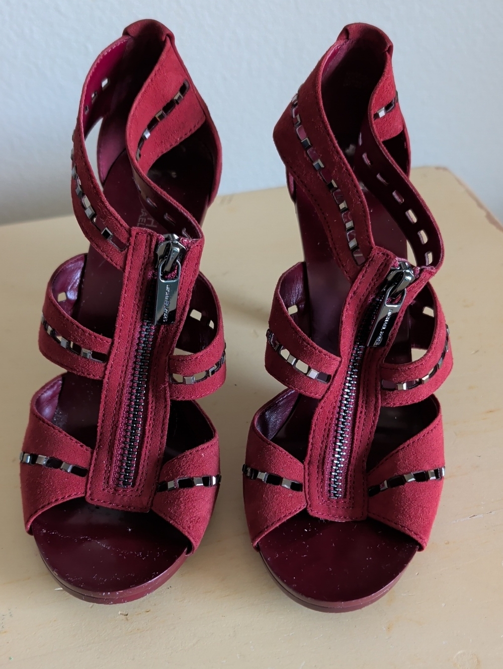 Michael Kors Deep Red Suede Strappy Zip Heels
